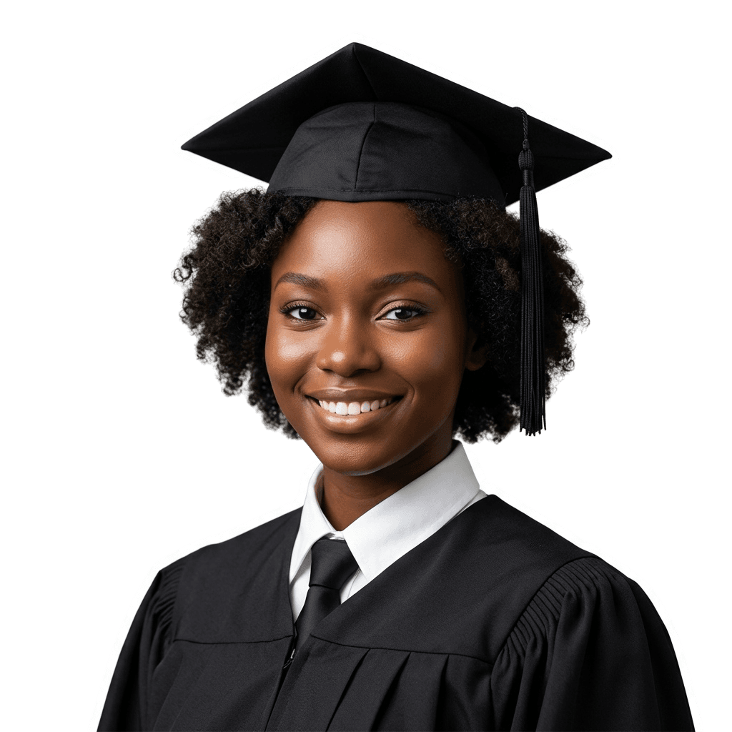 Confident Nigerian graduate in cap and gown, ready to study abroad